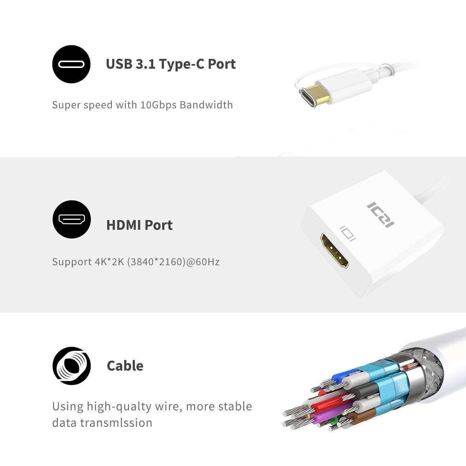 USB C to HDMI, ICZI Type C to HDMI (Thunderbolt 3 to HDMI) Adapter for MacBook Pro 2018, MacBook Pro/Chromebook Pixel, Dell XPS13/15, Huawei Mate 10, Samsung S8/S8 Plus and More, 4K, White
