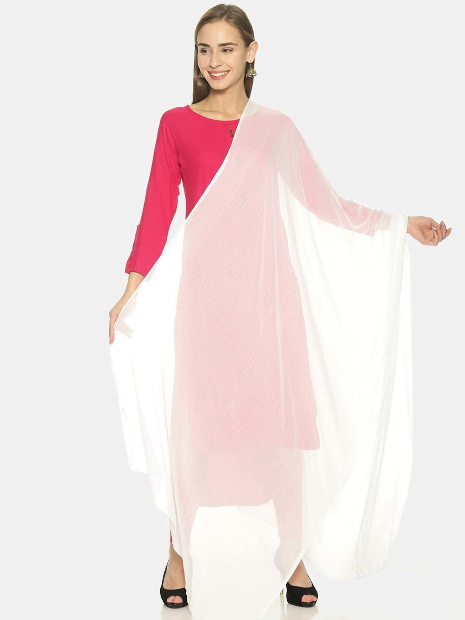 TWIN BIRDS Pink & White Plain Dupatta - Pack Of 2