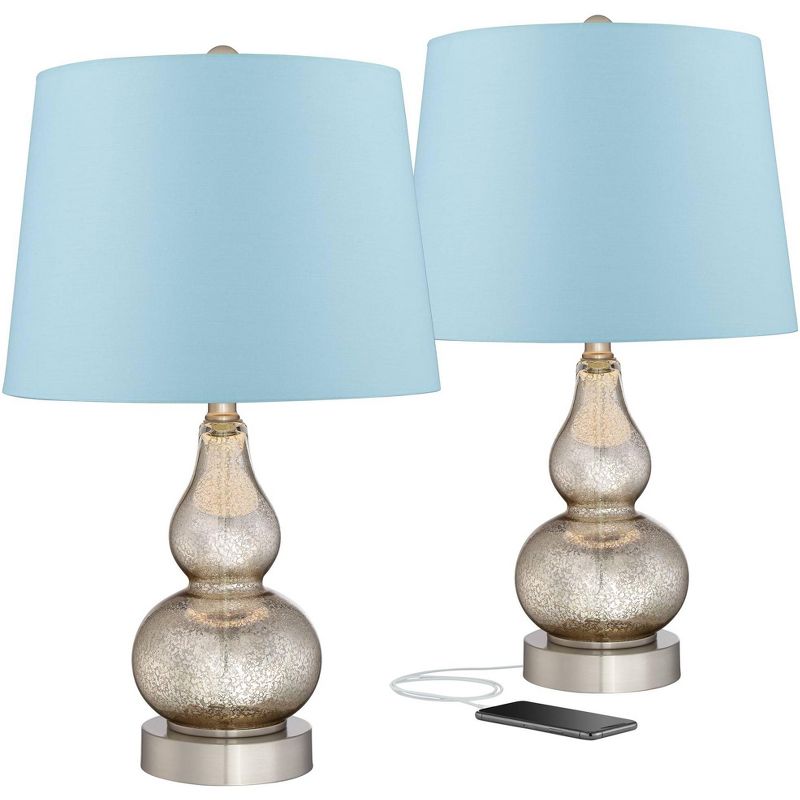 360 Lighting Castine Mercury Glass Blue Hardback USB Table Lamps Set of 2