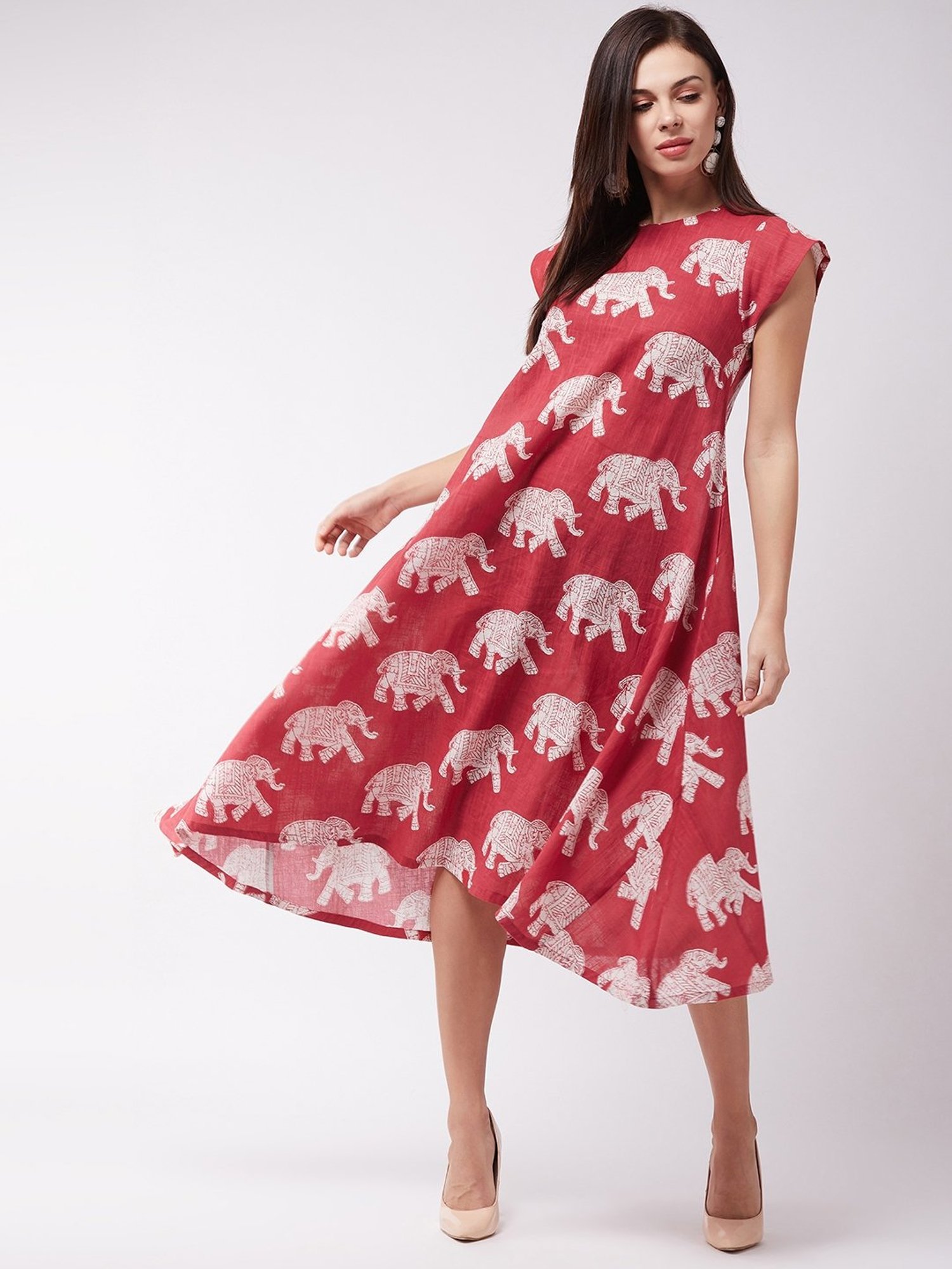 Inweave Red Cotton Printed A Line Dress