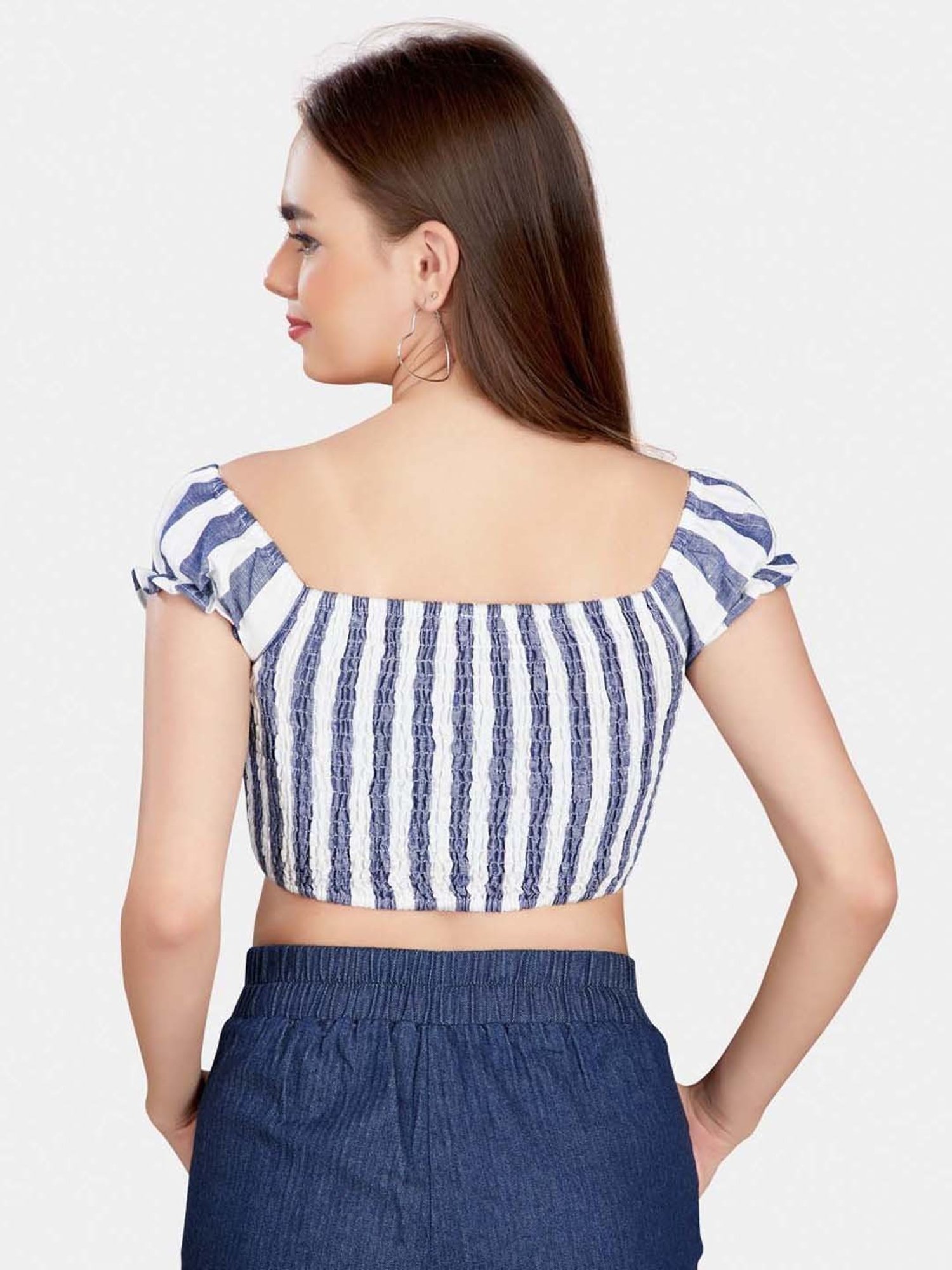 VASTRADO Blue & White Cotton Striped Crop Top