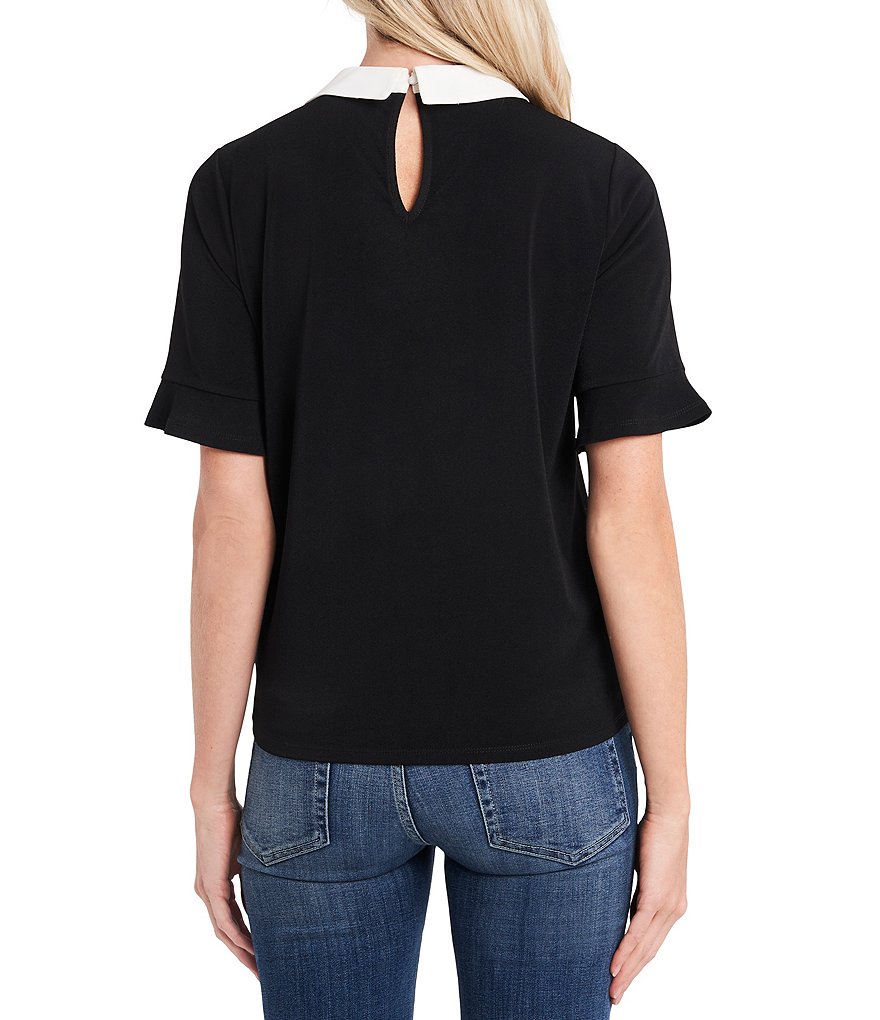 CeCe Mixed Media Collared Tie Peter Pan Collar Neck Short Sleeve Top
