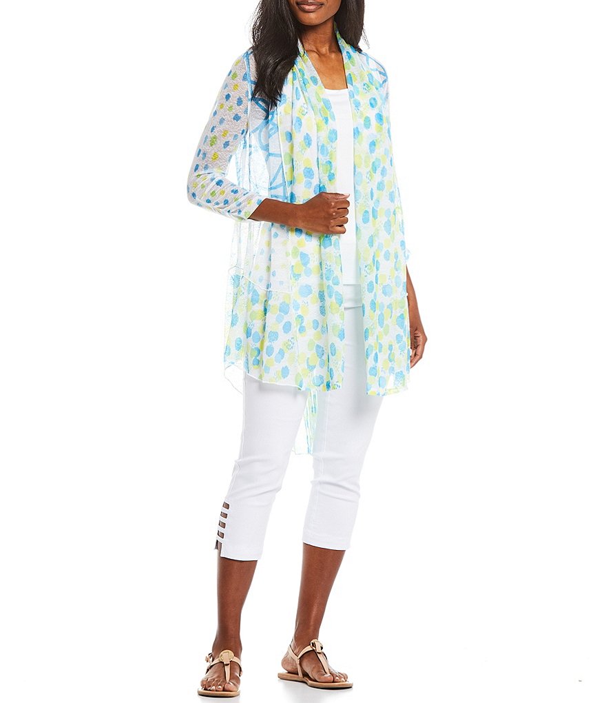 Multiples Dots & Squiggles Print Onionskin 3/4 Bungee Sleeve Open-Front Hi-Low Drapey Jacket