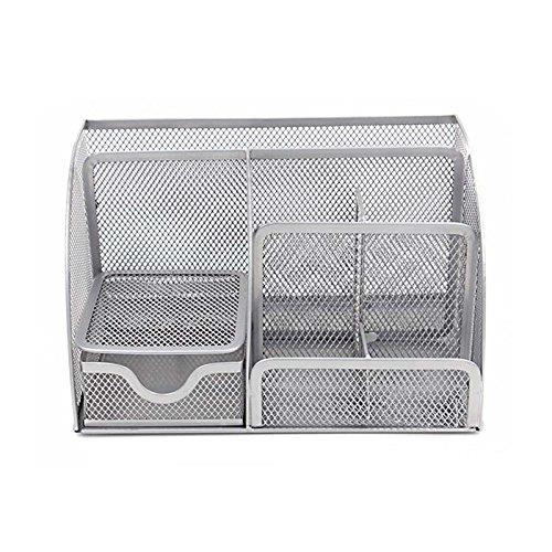 VANRA Office Supply Caddy Metal Mesh Desktop Supplies Organizer School Supply Holder Stuff Storage Organizer 6 Compartments with Drawer (Silver)