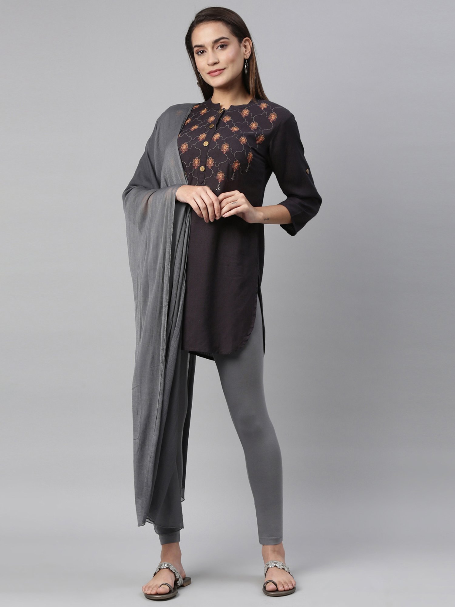 TWIN BIRDS Grey Cotton Leggings With Dupatta