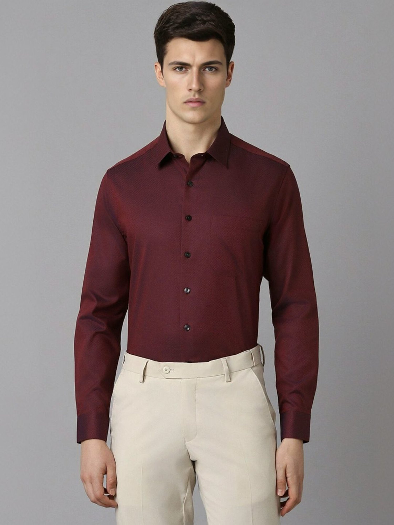 Louis Philippe Maroon Cotton Slim Fit Texture Shirt