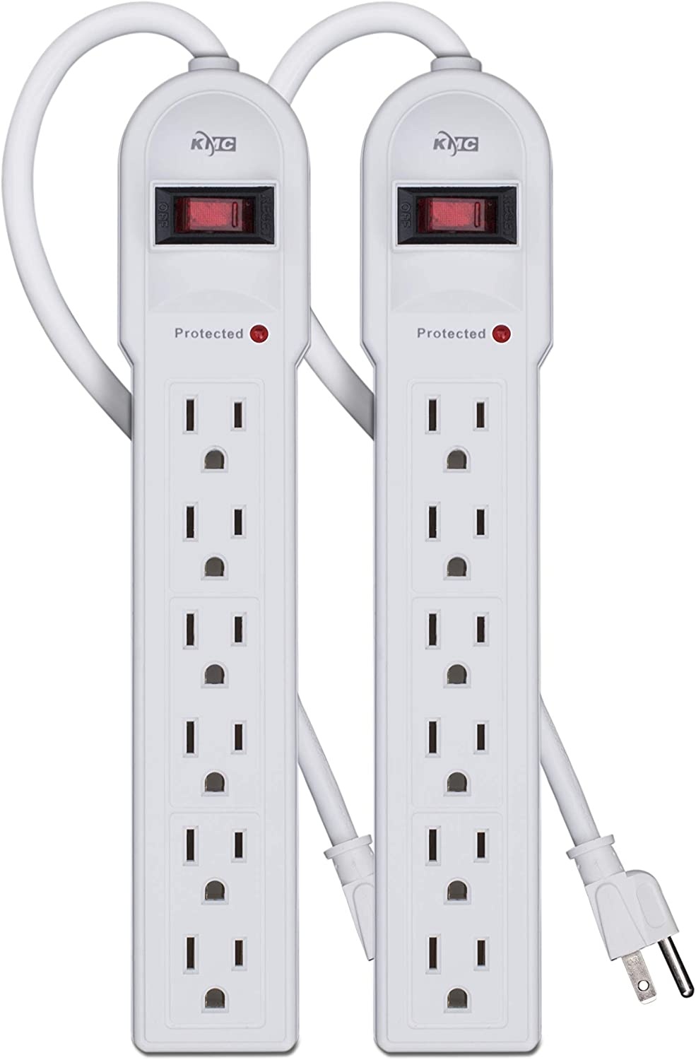 KMC 6-Outlet Surge Protector Power Strip 2-Pack, Overload Protection, 4-Foot Cord, 900 Joule - White