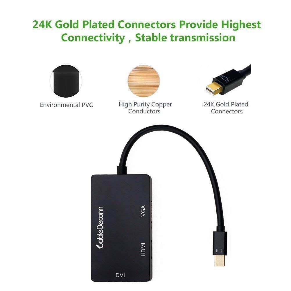 CableDeconn mini displayport splitter Thunderbolt hub to hdmi vga dvi adapter Converter 3in1 Cable for Apple MacBook Air Pro dell surface