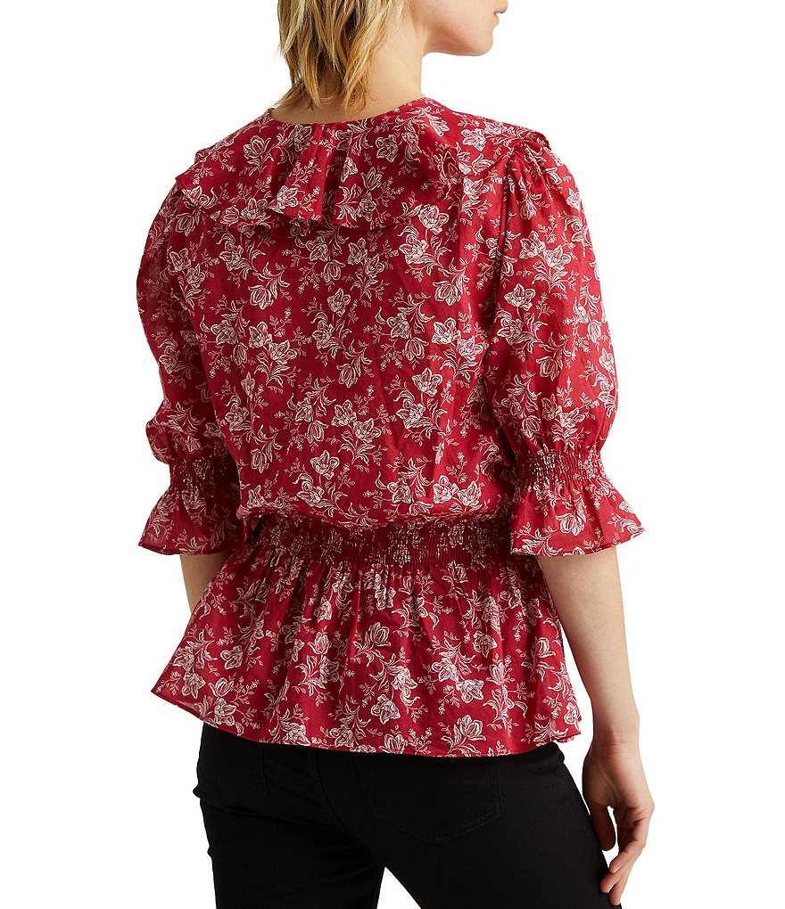 Lauren Ralph Lauren Floral Print Flounce V-Neck Detail Puff Short Elbow Sleeve Peplum Top