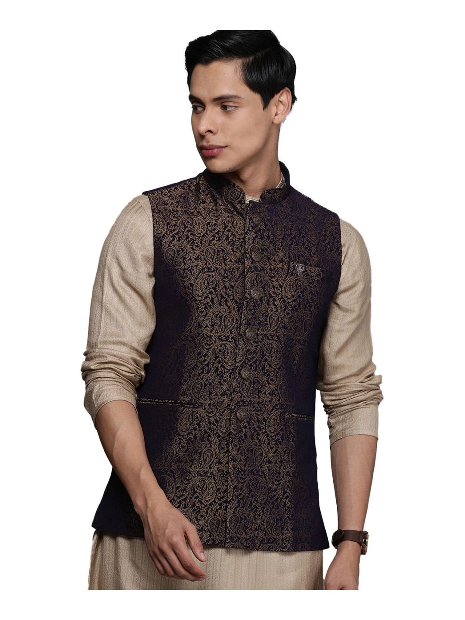 Manyavar Navy Regular Fit Self Pattern Nehru Jacket