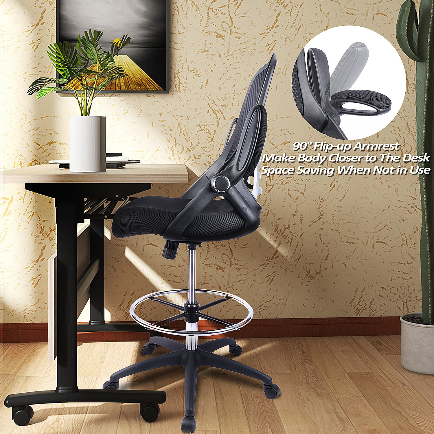 High-Back Mesh Ergonomic Drafting Chair Tall Office Chair Standing Desk Stool with Adjustable Foot Ring and Flip-Up Arms (Black)