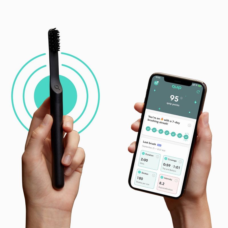 quip Plastic Smart Electric Toothbrush Starter Kit - 2-Minute Timer, Bluetooth, Free App + Travel Case - All-White