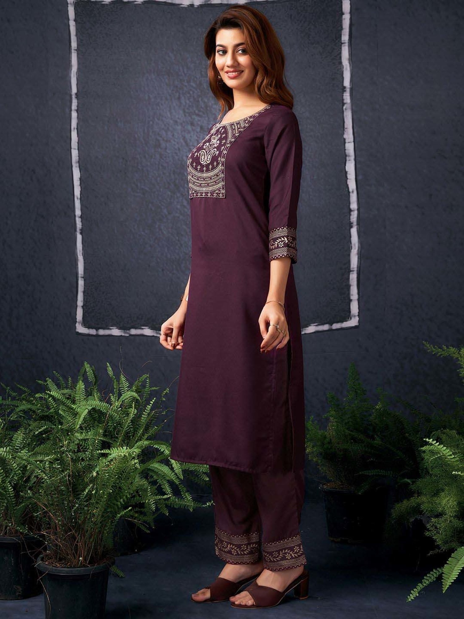 Skylee Maroon Cotton Embroidered Kurta Pant Set With Dupatta