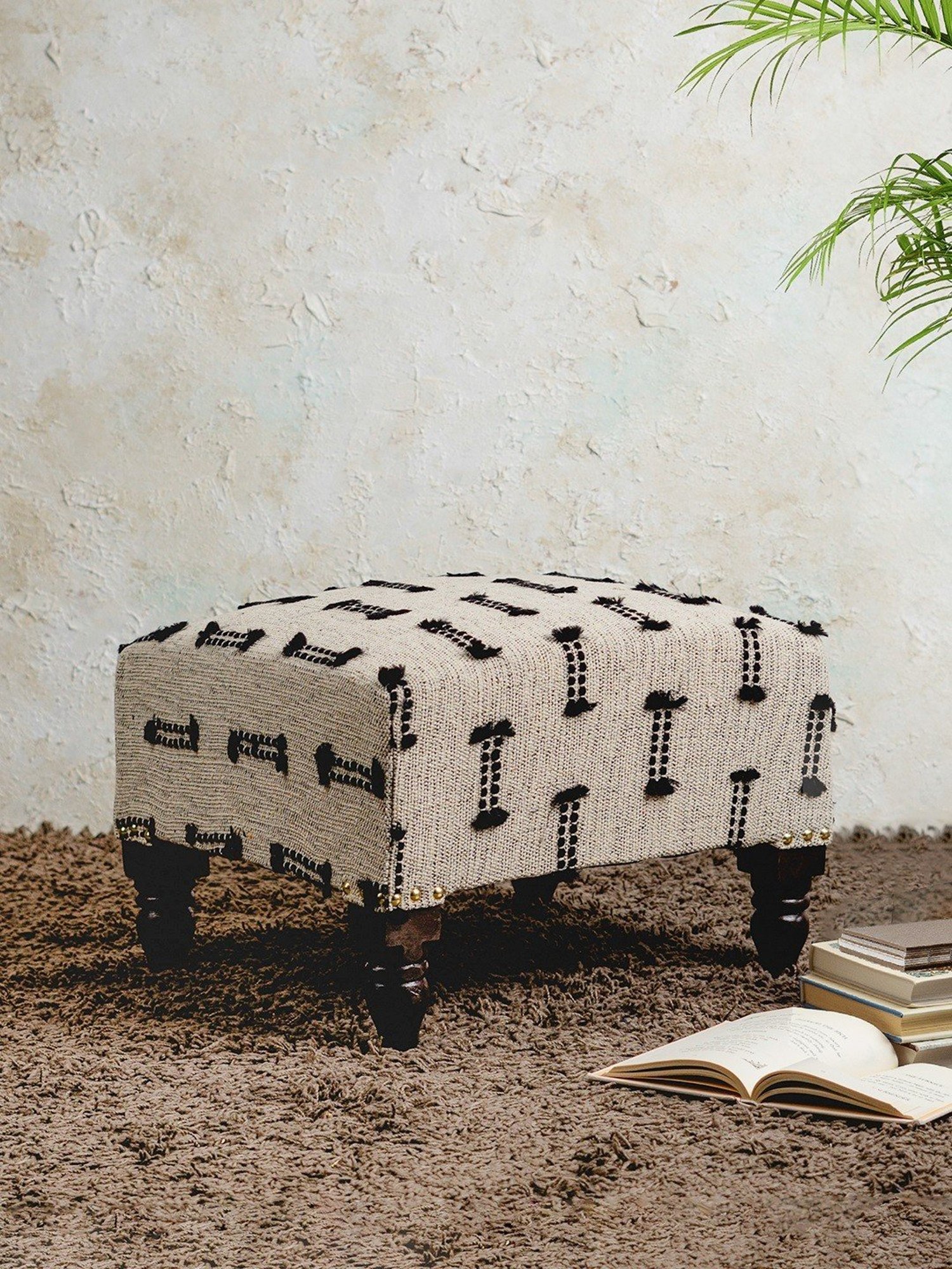 Nestroots Woven White Cotton Canvas Sofa Side Bench for Living Room - Set of 2