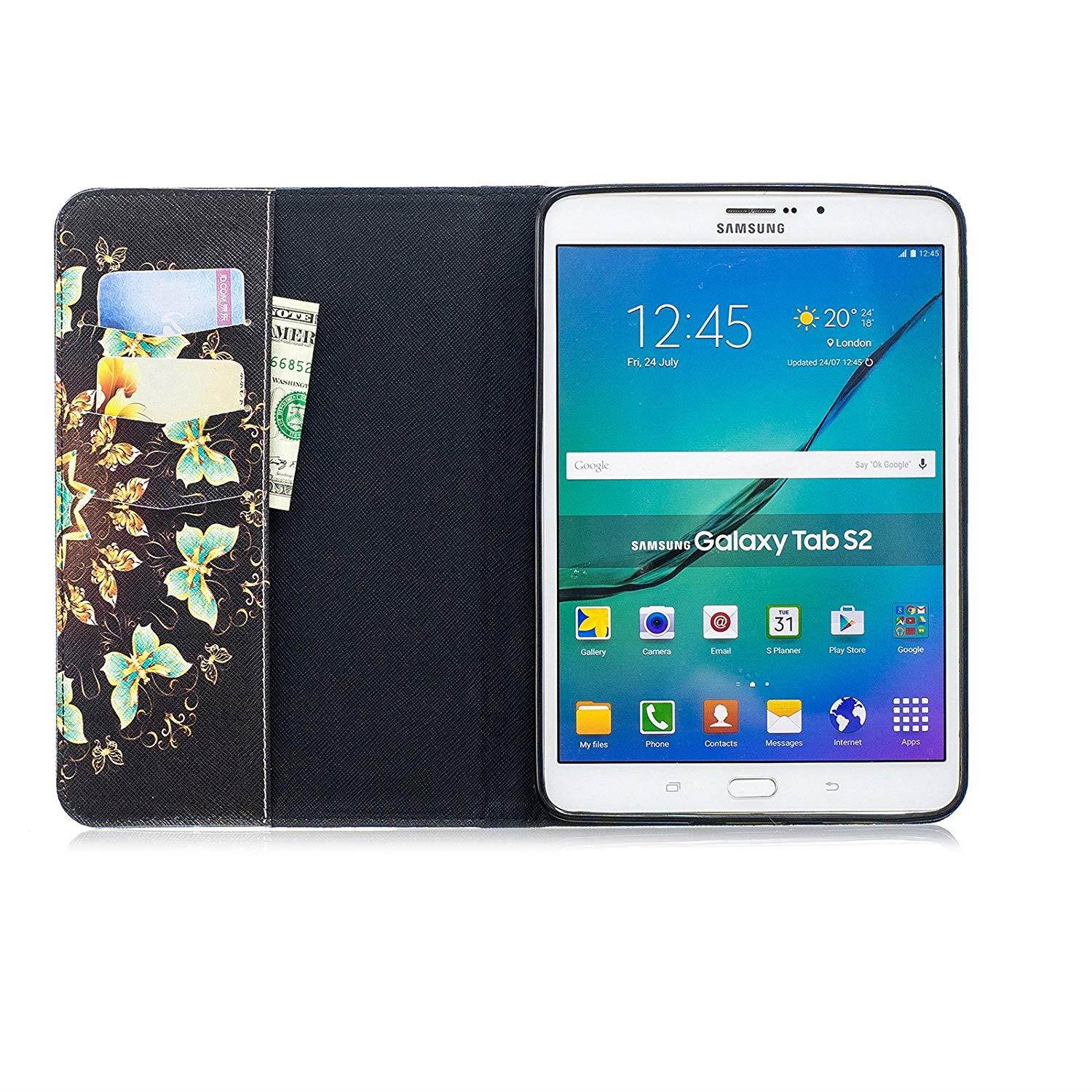 UUcovers Samsung Galaxy Tab S2 8.0 Case, Ultra Slim PU Leather Stand Smart Wallet Case with Cards/Cash Holder for Samsung Galaxy Tab S2 8.0 Tablet (SM-T710/T715), Brown Cover with Green Butterfly