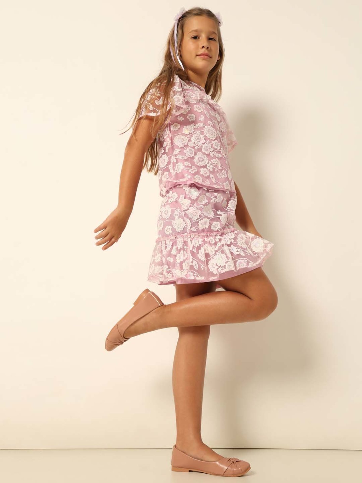 VERO MODA GIRL Pink Embroidered Flared Skirt