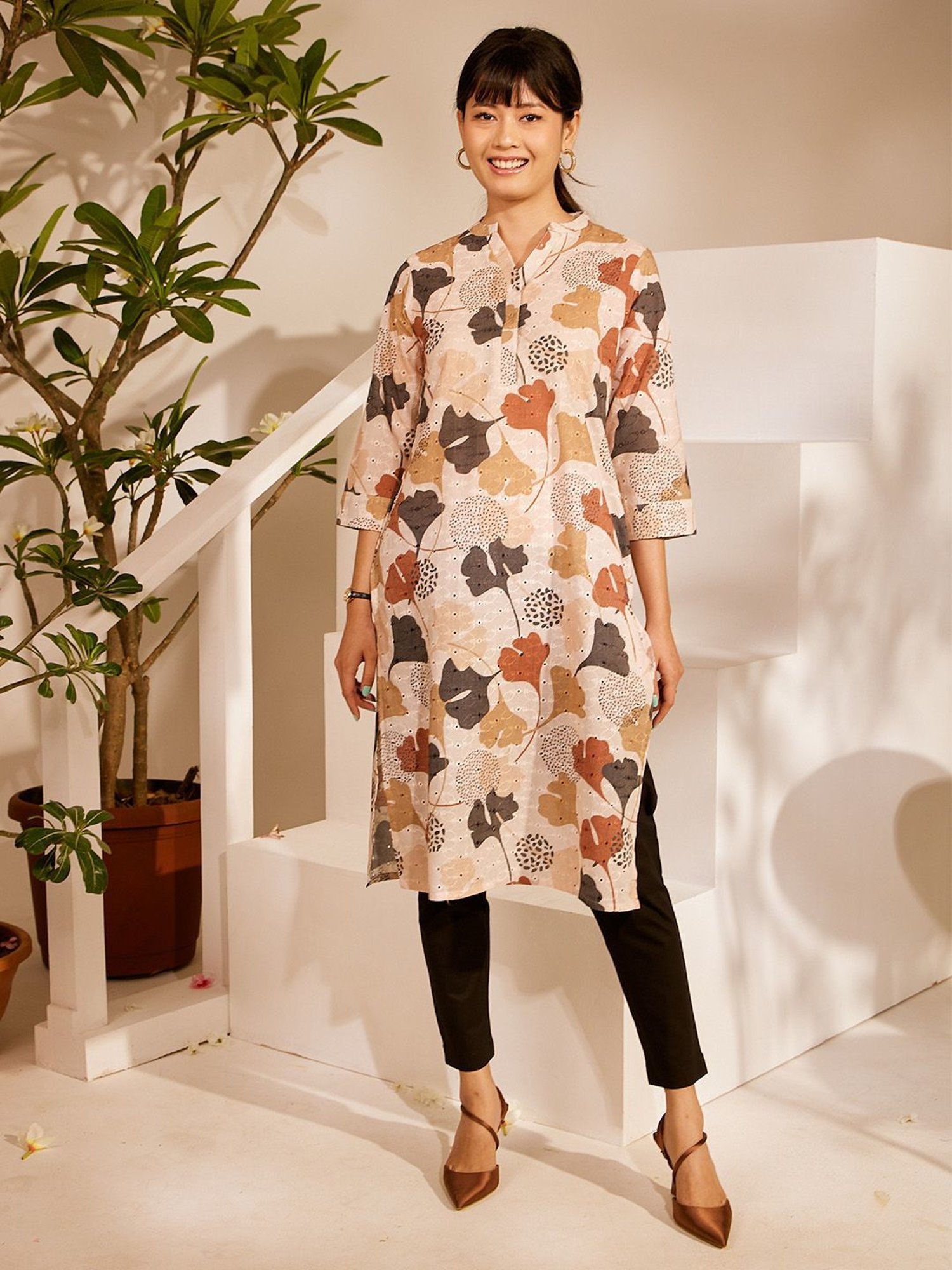 Daali Beige Schiffli Mandarin Collar 3/4 Sleeves Kurta with Two Pockets