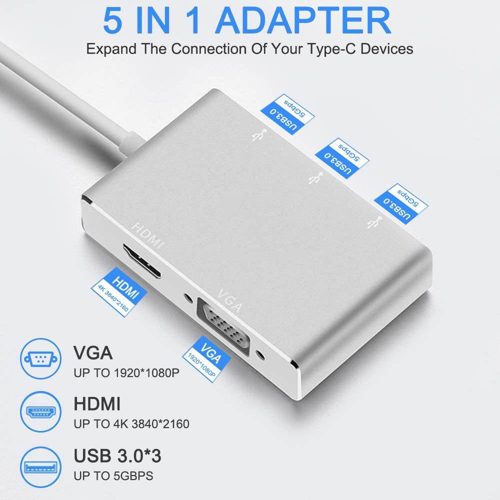 USB C to HDMI VGA Adapter, USB C Hub with 4K HDMI/1080P VGA/USB 3.0, Type C Hub USB C Adapter Video Converter for MacBookPro,ipad Pro,Chromebook,Samsung Galaxy,Dell XPS