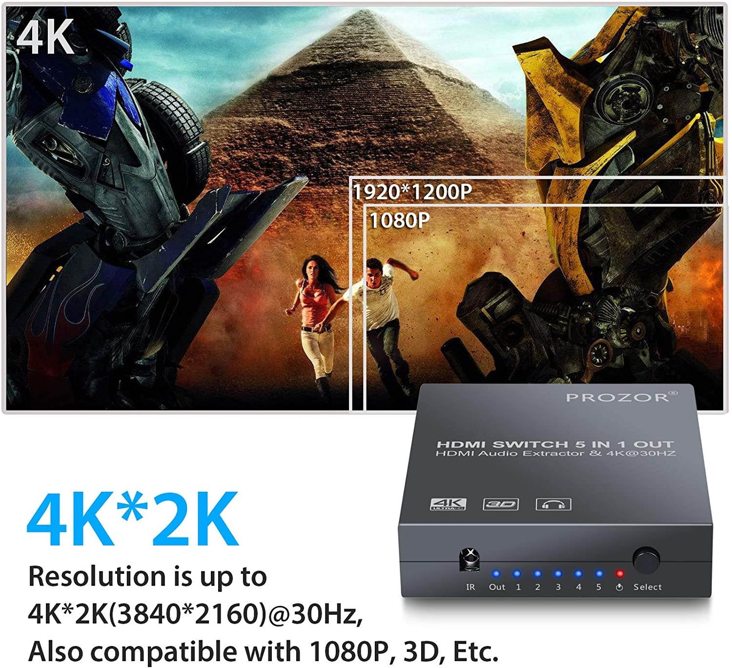 5x1 HDMI Switch with Audio Extractor 4K 3D HDMI Audio Converter with IR Remote HDMI to HDMI + Optical Toslink (5.1CH Mode) or Stereo Output with 3 Feet HDMI Cable and 3.5mm Male to 2 RCA