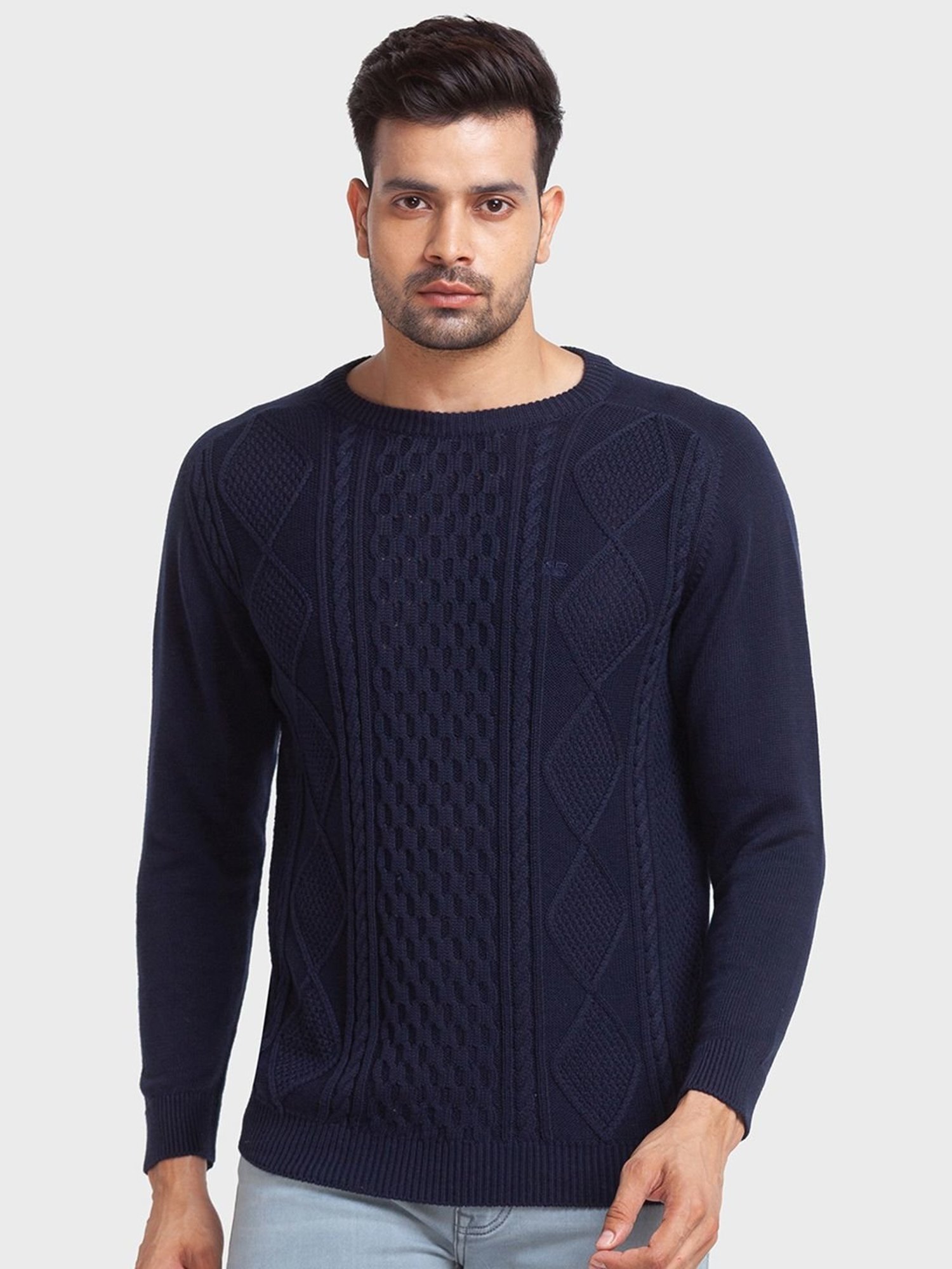 ColorPlus Navy Cotton Tailored Fit Self Pattern Sweaters