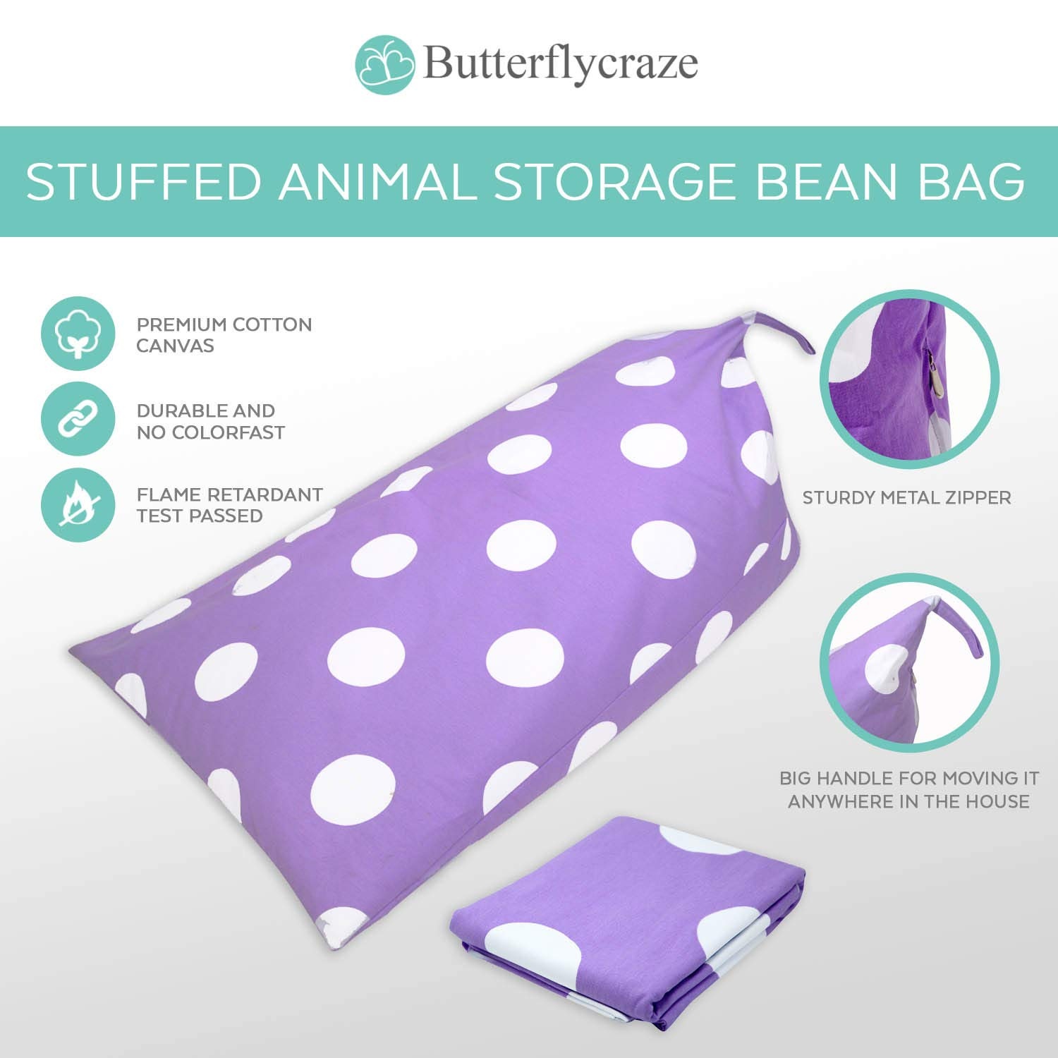 Stuffed Animal Storage Bean Bag Chair - Stuff 'n Sit Toy Bag Floor Lounger for Kids, Teens and Adult |Extra Large 200L/52 Gal Capacity |Premium Cotton Canvas (Purple)