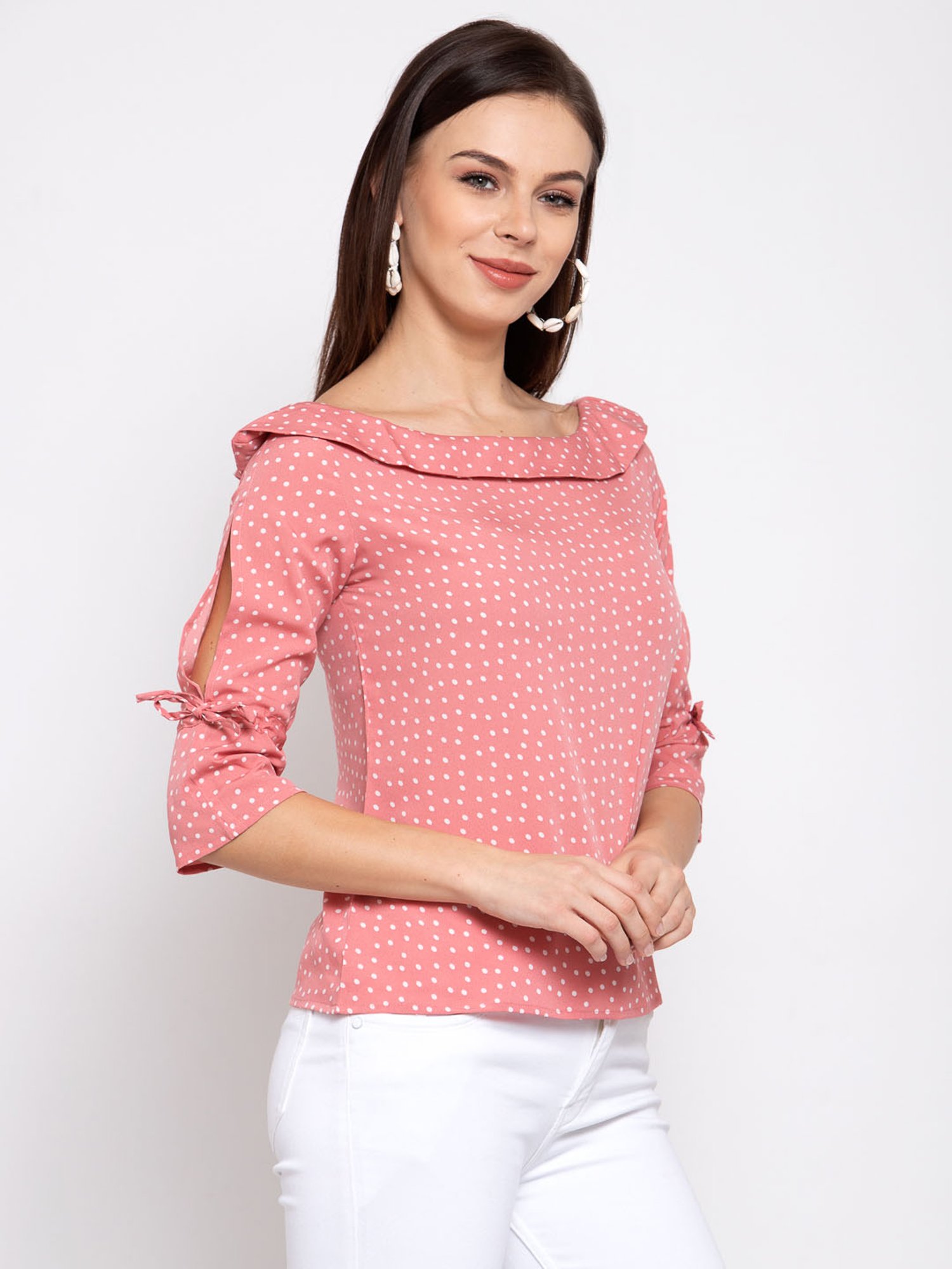 style quotient women Pink and White polka printed polycrepe smart casual top