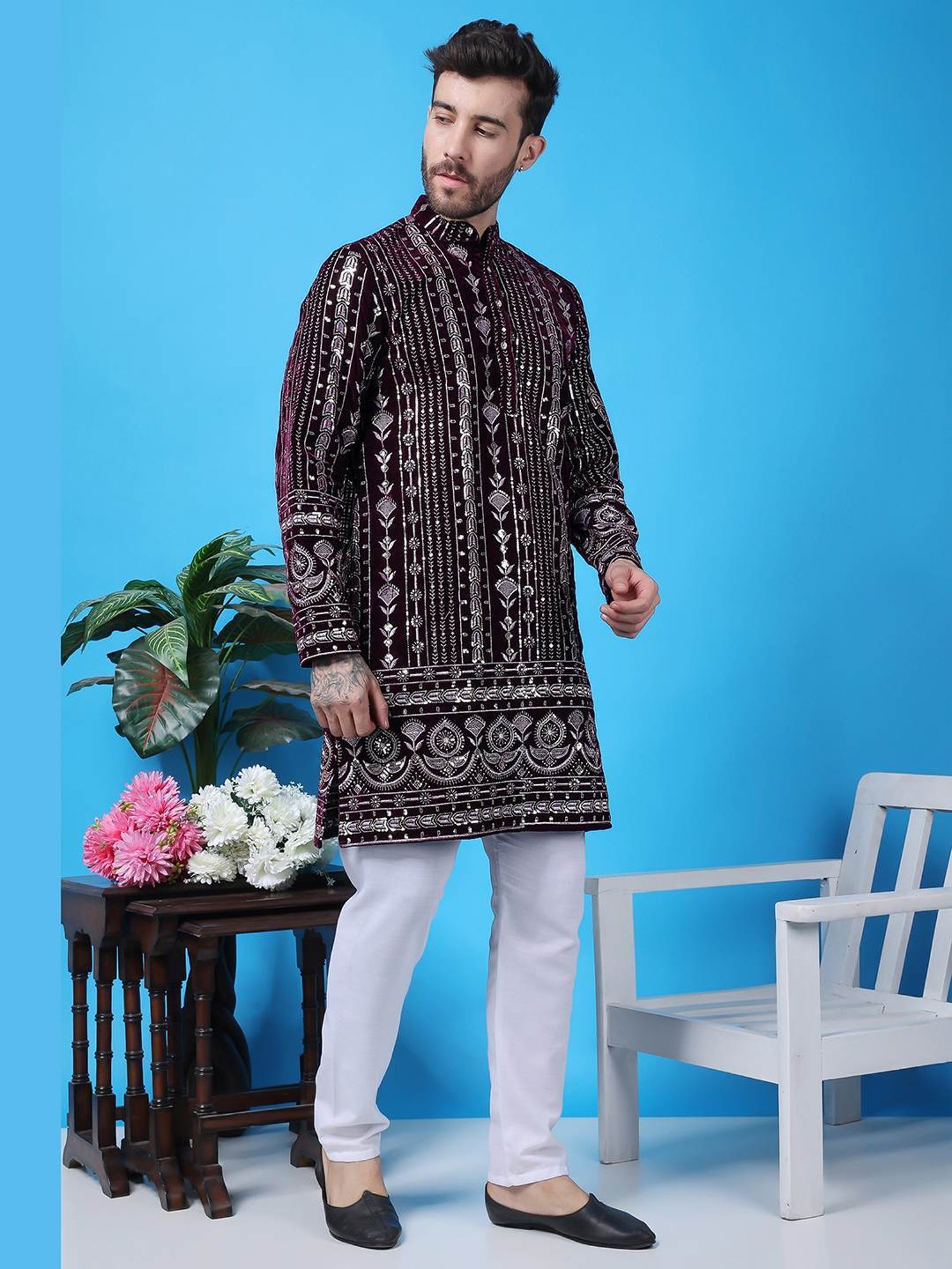 Hangup Purple & White Regular Fit Embellished Kurta Bottom Set