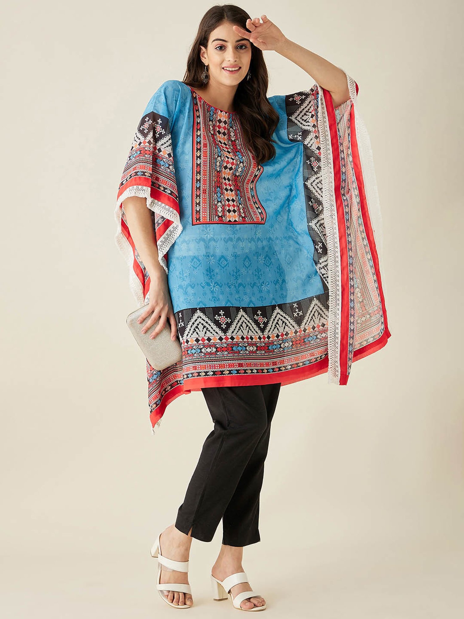 The Kaftan Company Blue Georgette Boho Print Kaftan Kurta