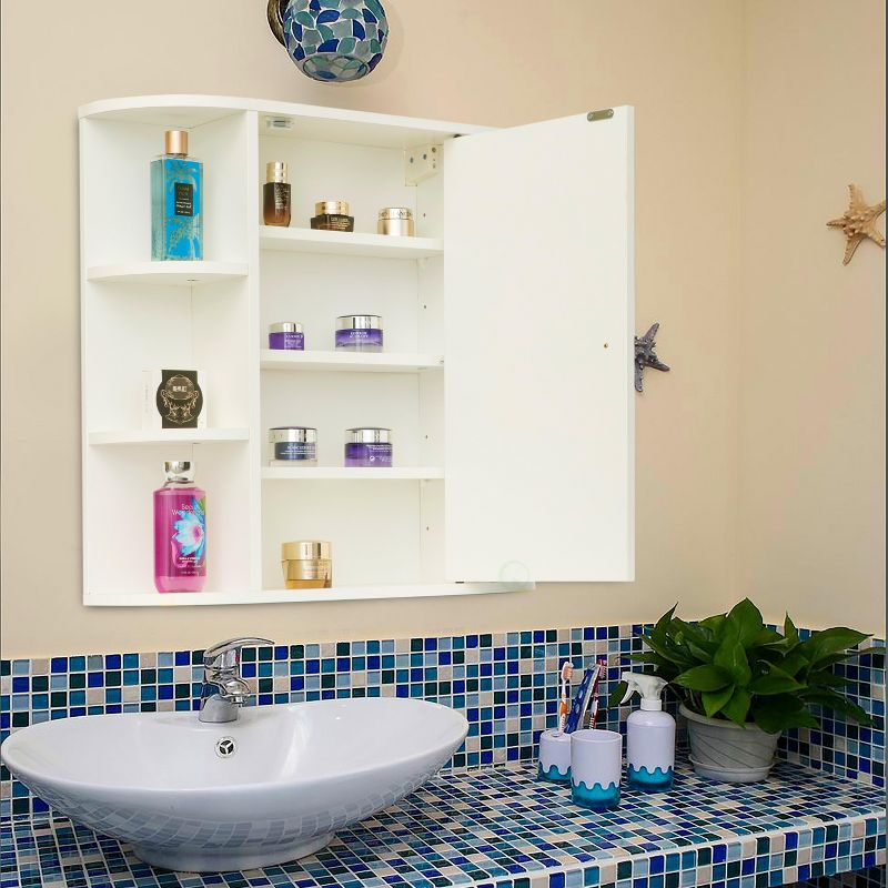 Basicwise White Wall Mounted Bathroom Storage Cabinet Organizer, Mirrored Vanity Medicine Chest with Open Shelves