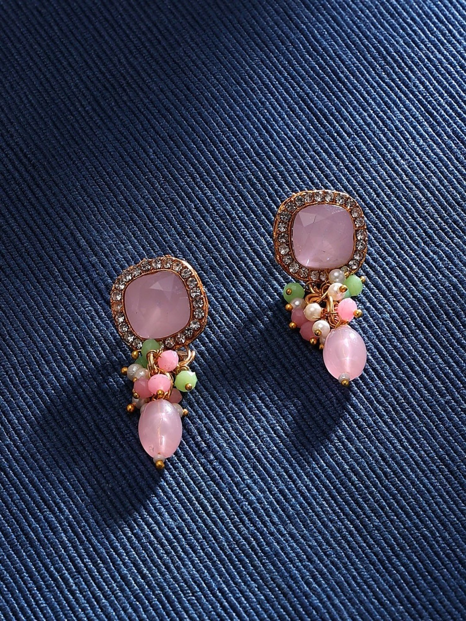 Zaveri Pearls Pink Green Stones & Beads Dazzling Austrian Diamond Drop Earrings-ZPFK15879