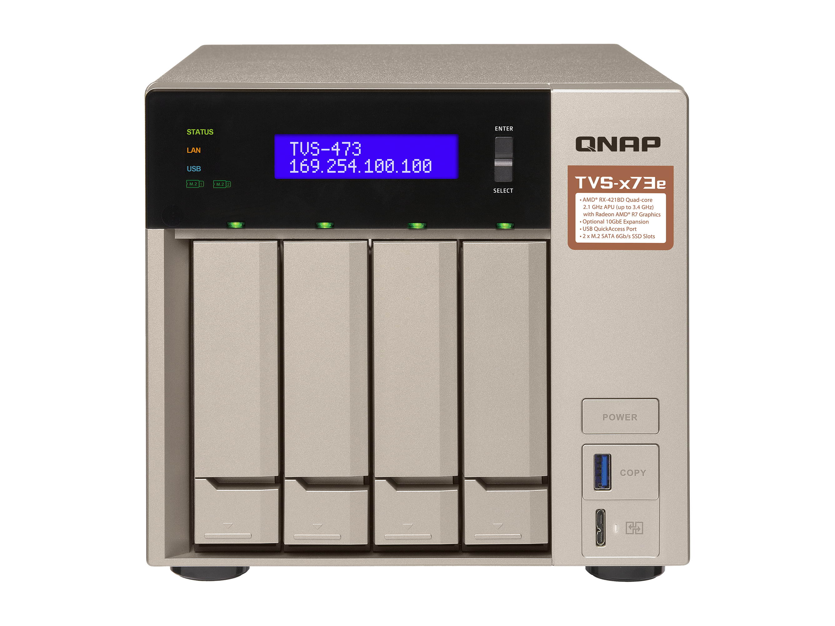 Qnap 4-bay NAS/iSCSI IP-SAN, AMD R series Quad-core 2.1GHz, 4GB RAM, 10G-ready (TVS-473e-4G-US)