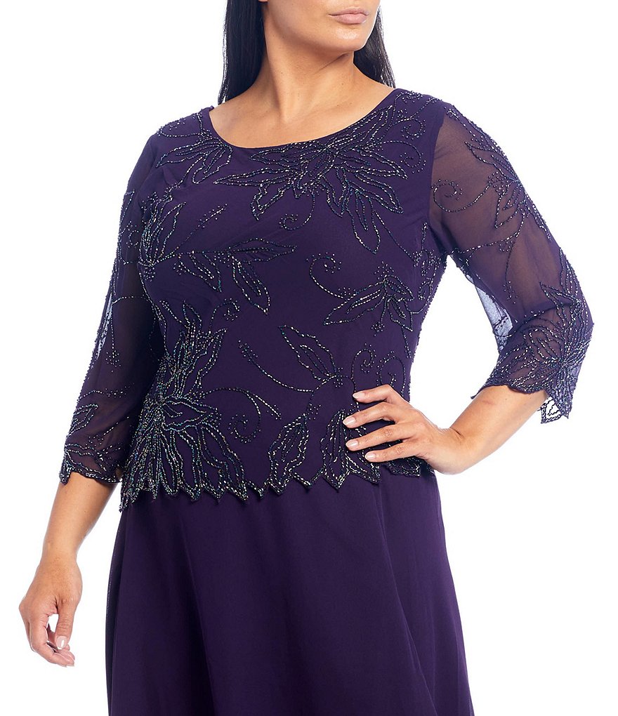 Jkara Plus Size Scoop Neck 3/4 Sleeve Beaded Bodice Gown