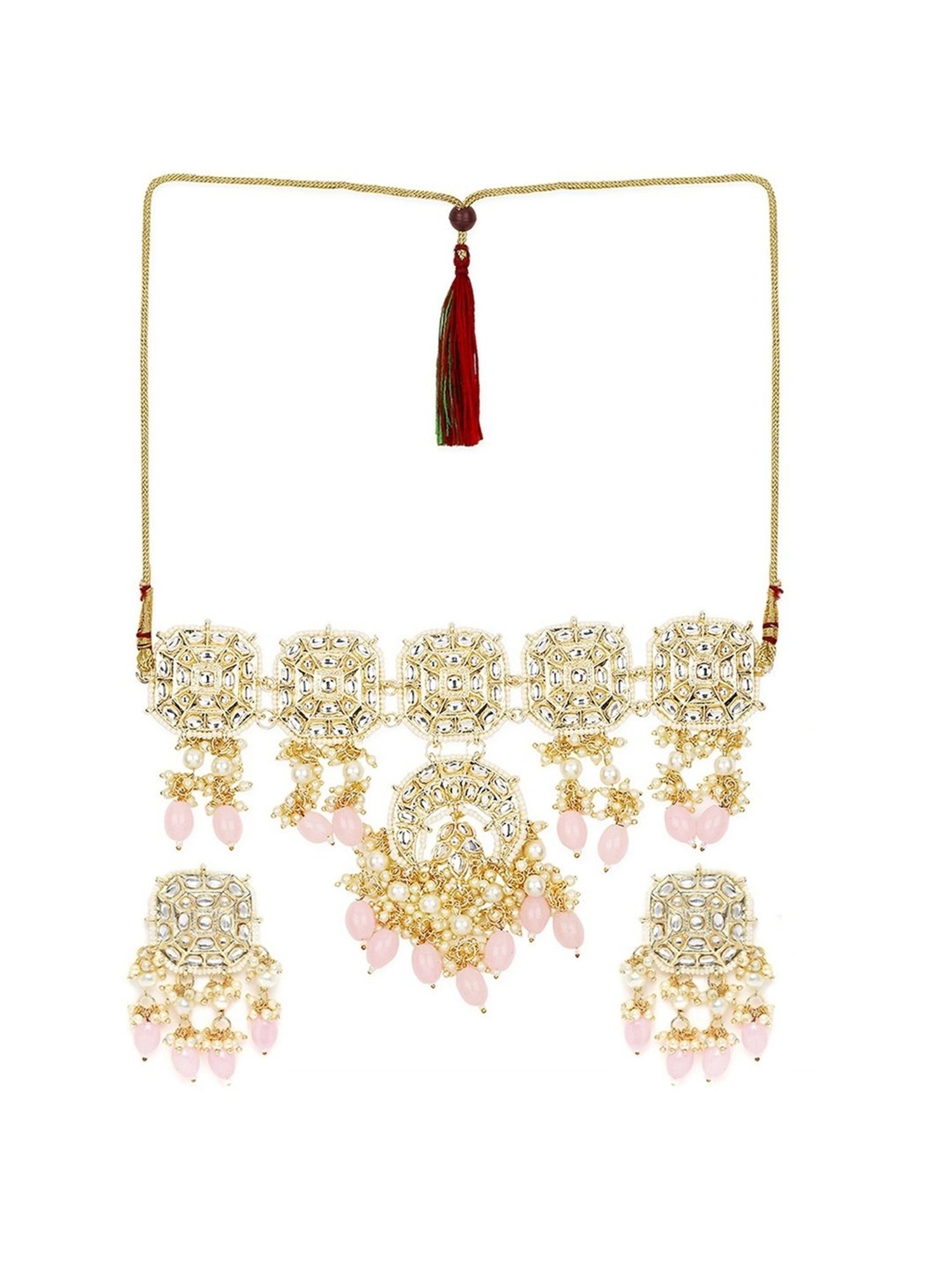 Oomph Pink Beads & Kundan Ethnic Jadau Necklace with Earring Set