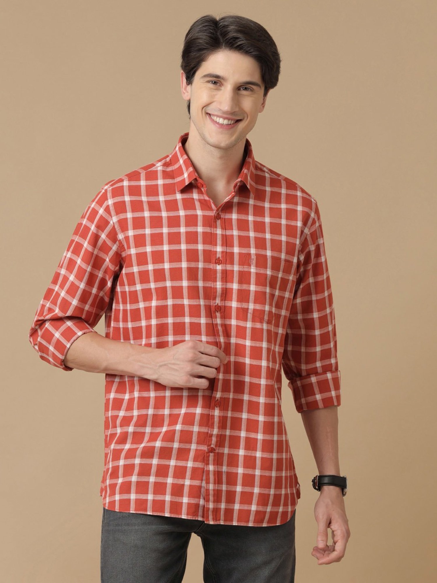 CAVALLO by Linen Club Orange Contemporary Fit Check Shirt