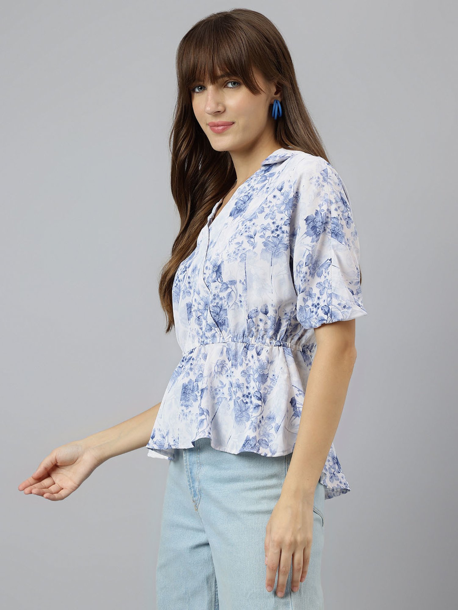 Latin Quarters Blue Printed Peplum Top