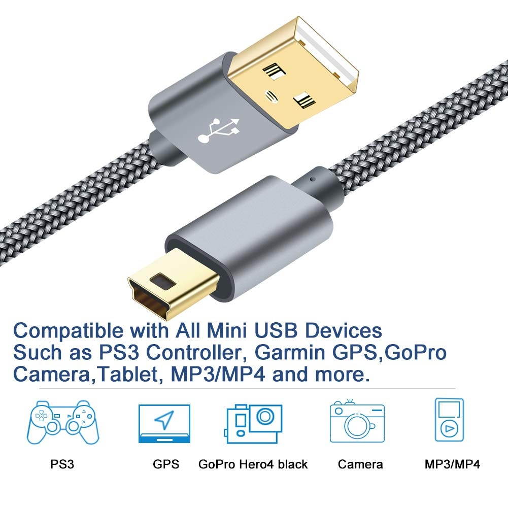 Mini USB 2.0 Cable Braided SIOCEN Type A to Mini-B Charger Cord for GoPro Hero 3+ PS3 Controller 6ft Charging Power Wire for Garmin Nuvi GPS Digital CameraDash CamMP3 PlayerPDAsPlaystation 3