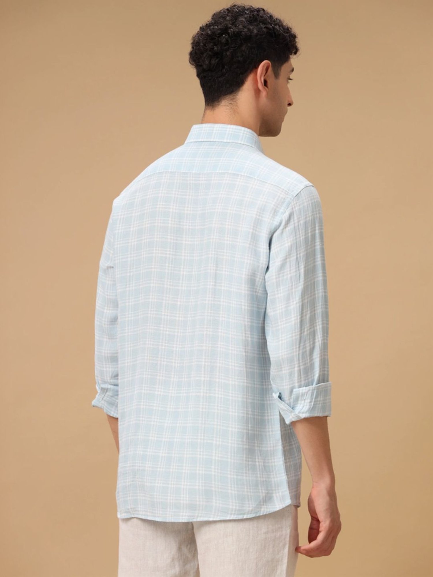Linen Club Blue Linen Contemporary Fit Checks Shirt