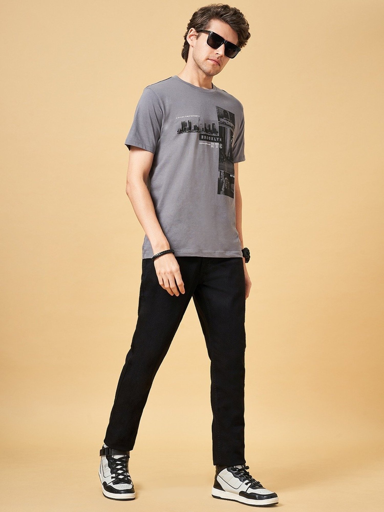 Sf Jeans By Pantaloons Steel Grey Slim Fit Printed T-Shirt