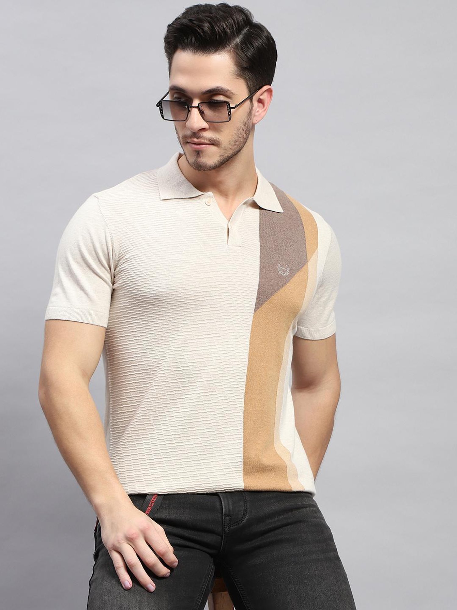 Monte Carlo Beige Cotton Regular Fit Printed Polo T-Shirt