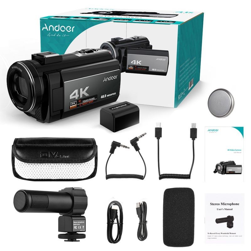 Andoer  Portable 4K  48MP WiFi Digital Video Camera Camcorder with External Microphone and 0.39X Wide Angle Lens 3.0 Inch Touch Screen IR Infrared Night-shot 16X Digital Zoom with 1pc 2000mAh