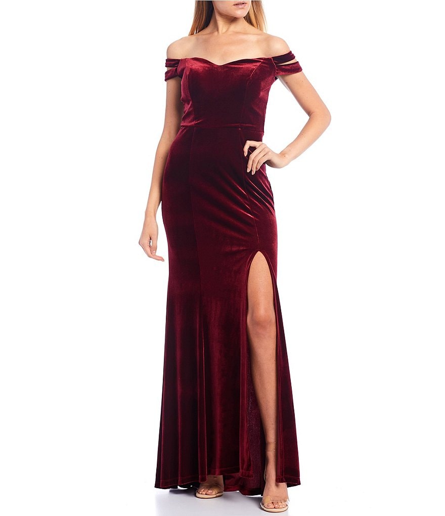 Teeze Me Double Strap Off-The-Shoulder Side Slit Velvet Long Dress