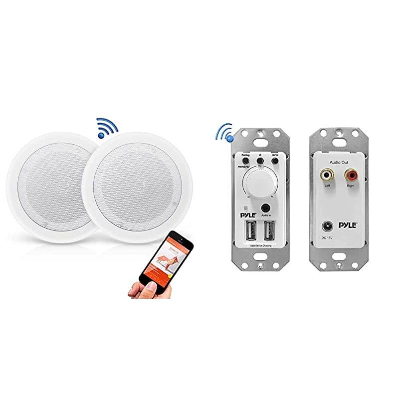 Pair 8&rdquo; Bluetooth Flush Mount in-Wall in-Ceiling 2-Way Universal Home Speaker System Spring Loaded Polyprone Cone & Bluetooth Receiver Wall Mount - in-Wall Audio Control Receiver