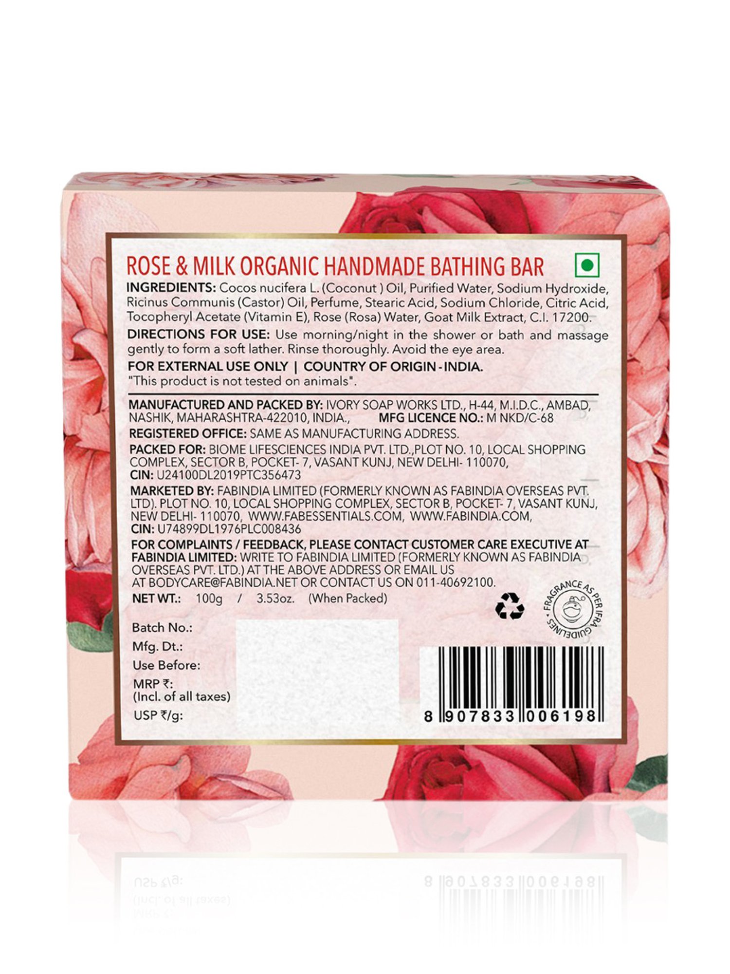 Fabessentials Rose & Milk Organic Handmade Bathing Bar - 100 gm
