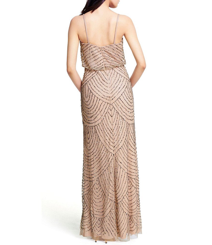 Kay Unger Long Bishop Sleeve V-Neck Crepe A-Line Dress