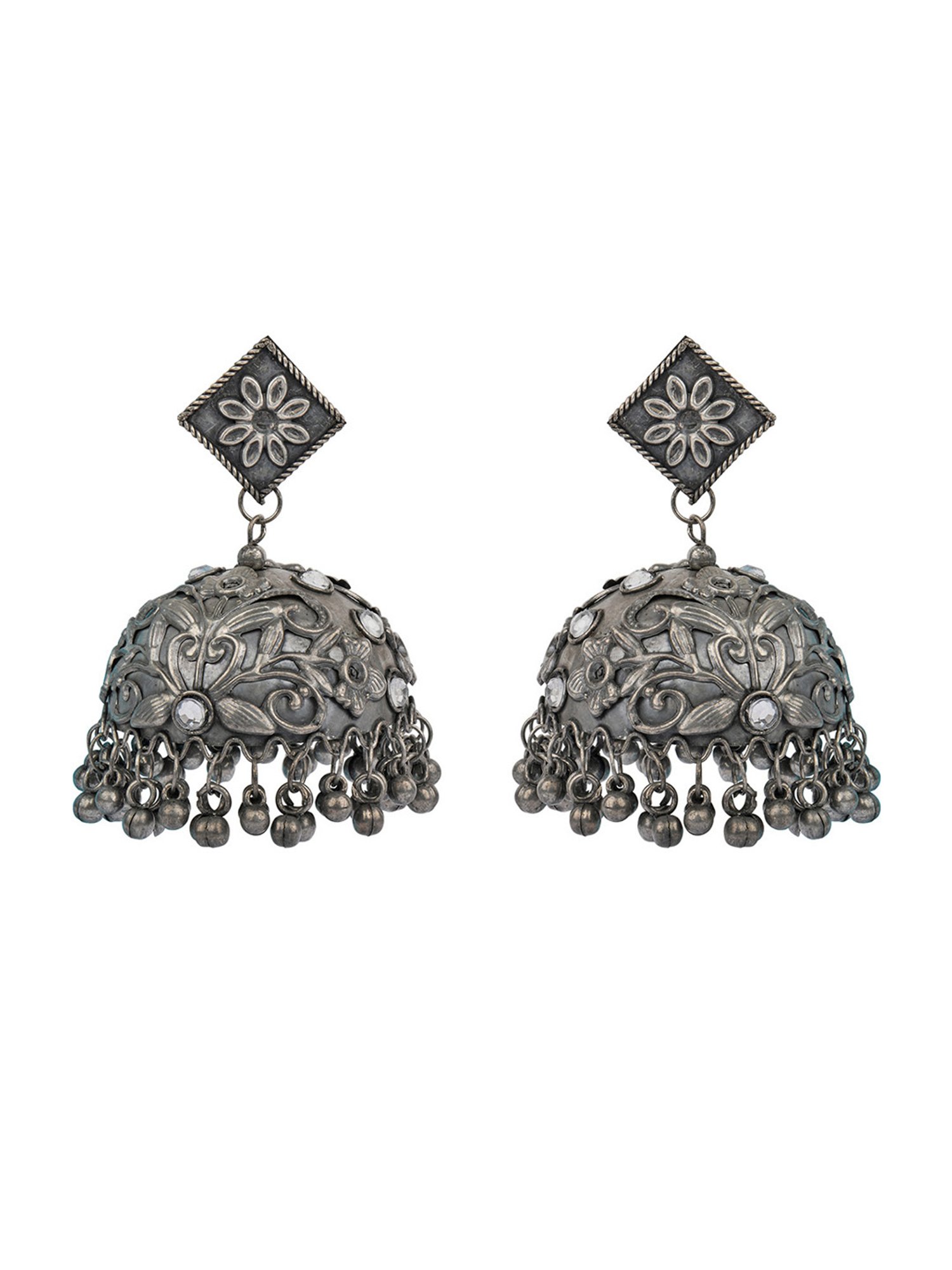 Fida Embossed Dome Shaped Silver Jhumki Earrings