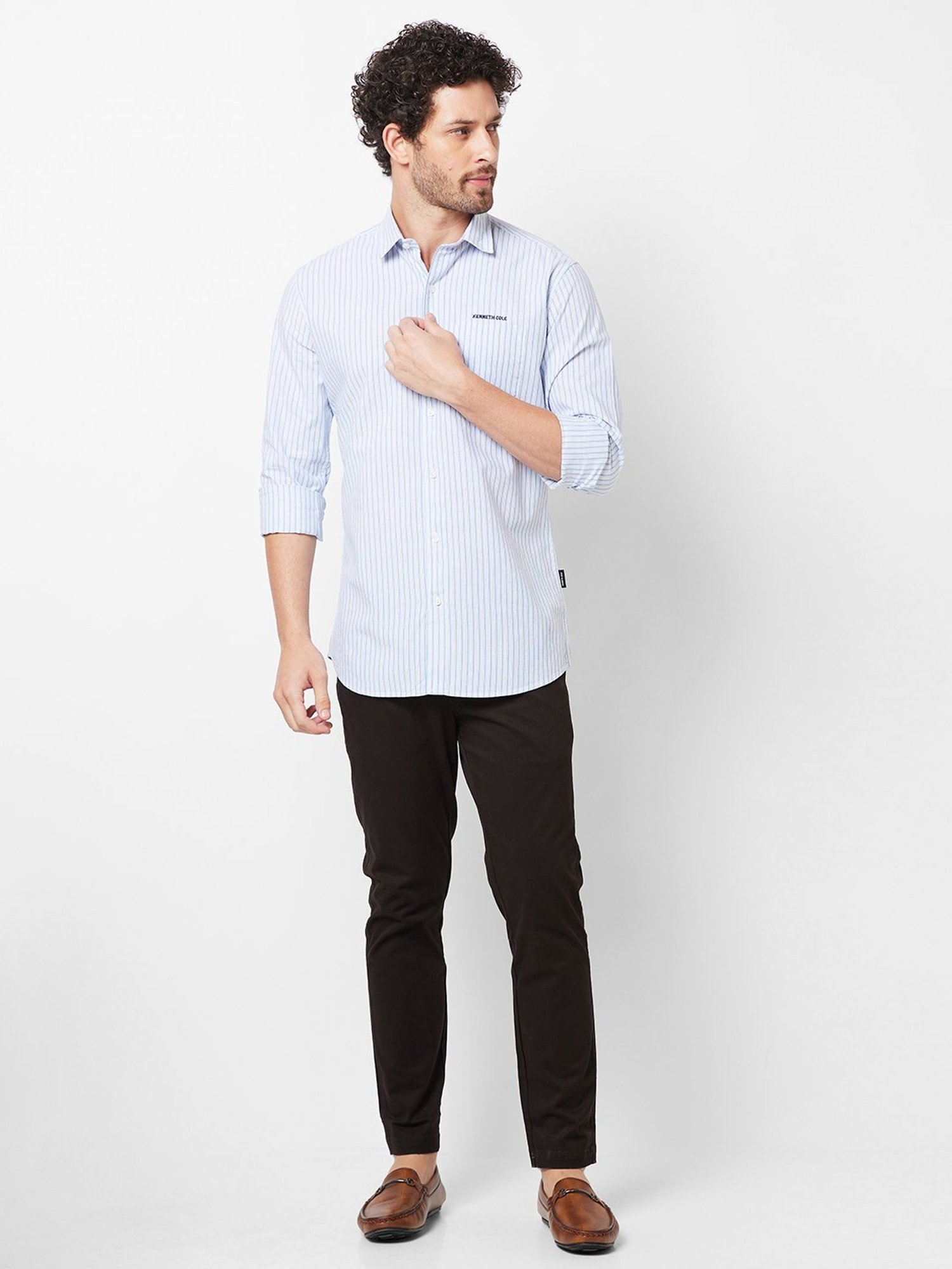 Kenneth Cole New York White Slim Fit Striped Shirt