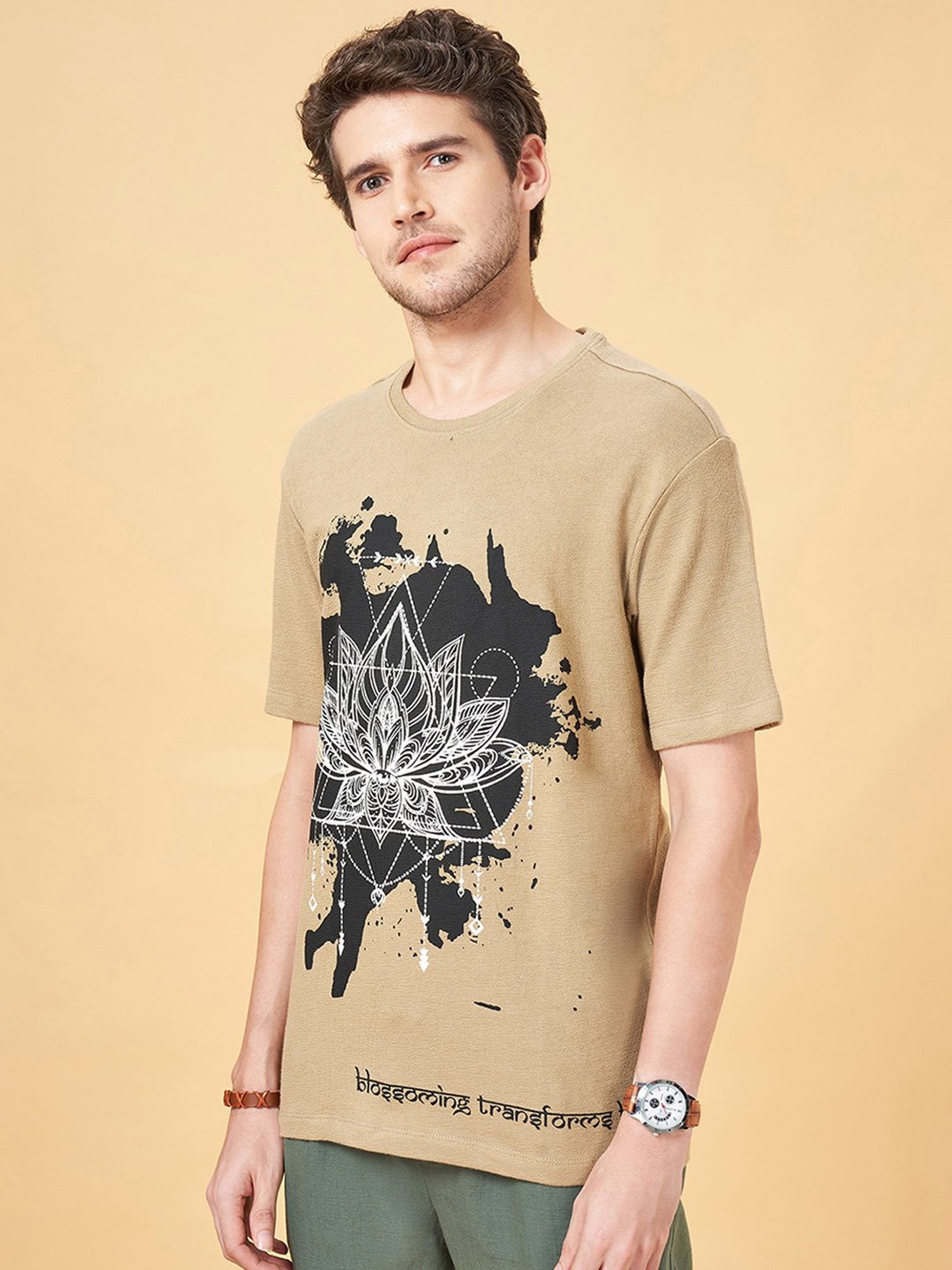 7 Alt by Pantaloons Brown Relaxed Fit Graphic Print Crew T-Shirt