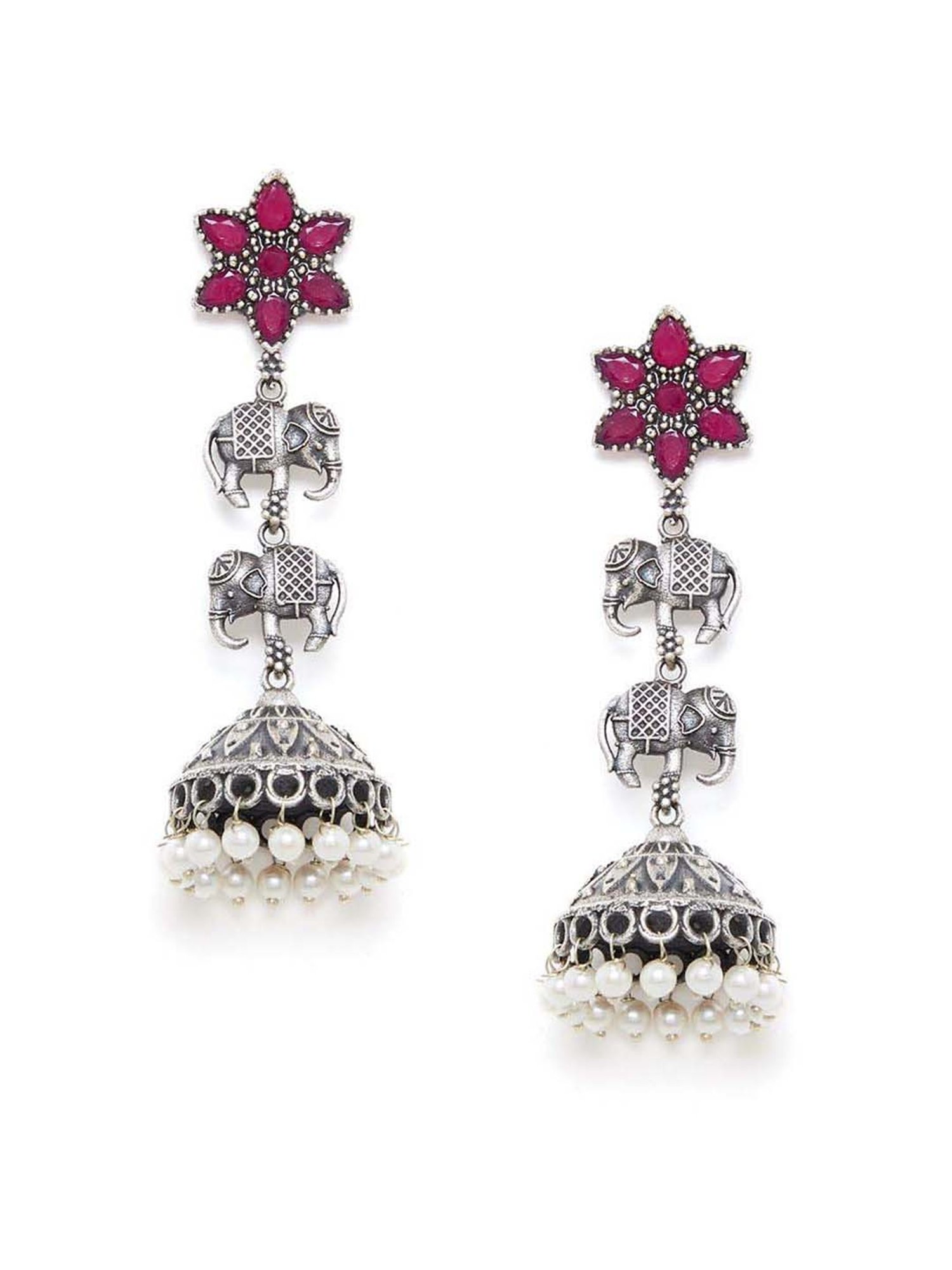 Panash Silver-Plated Pearl Oxidized Jhumki Earrings