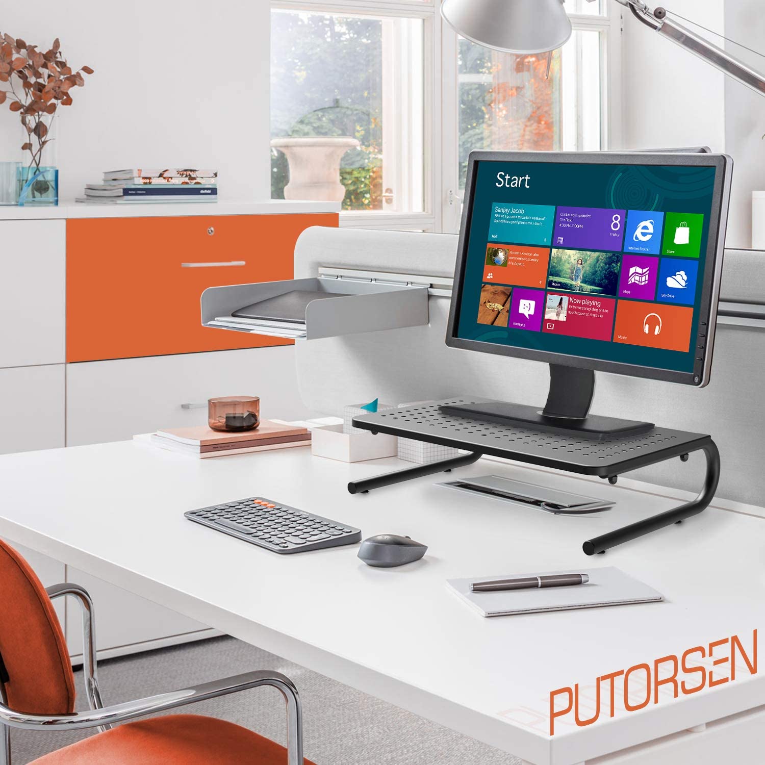 PUTORSEN Monitor Stand Riser with Vented Metal for Computer, Laptop, iMac, PC, Printer, Notebook and All Flat Screen Display, 14.5 Desktop Ergonomic Platform with Non-Skid Rubber 4 Inch Height