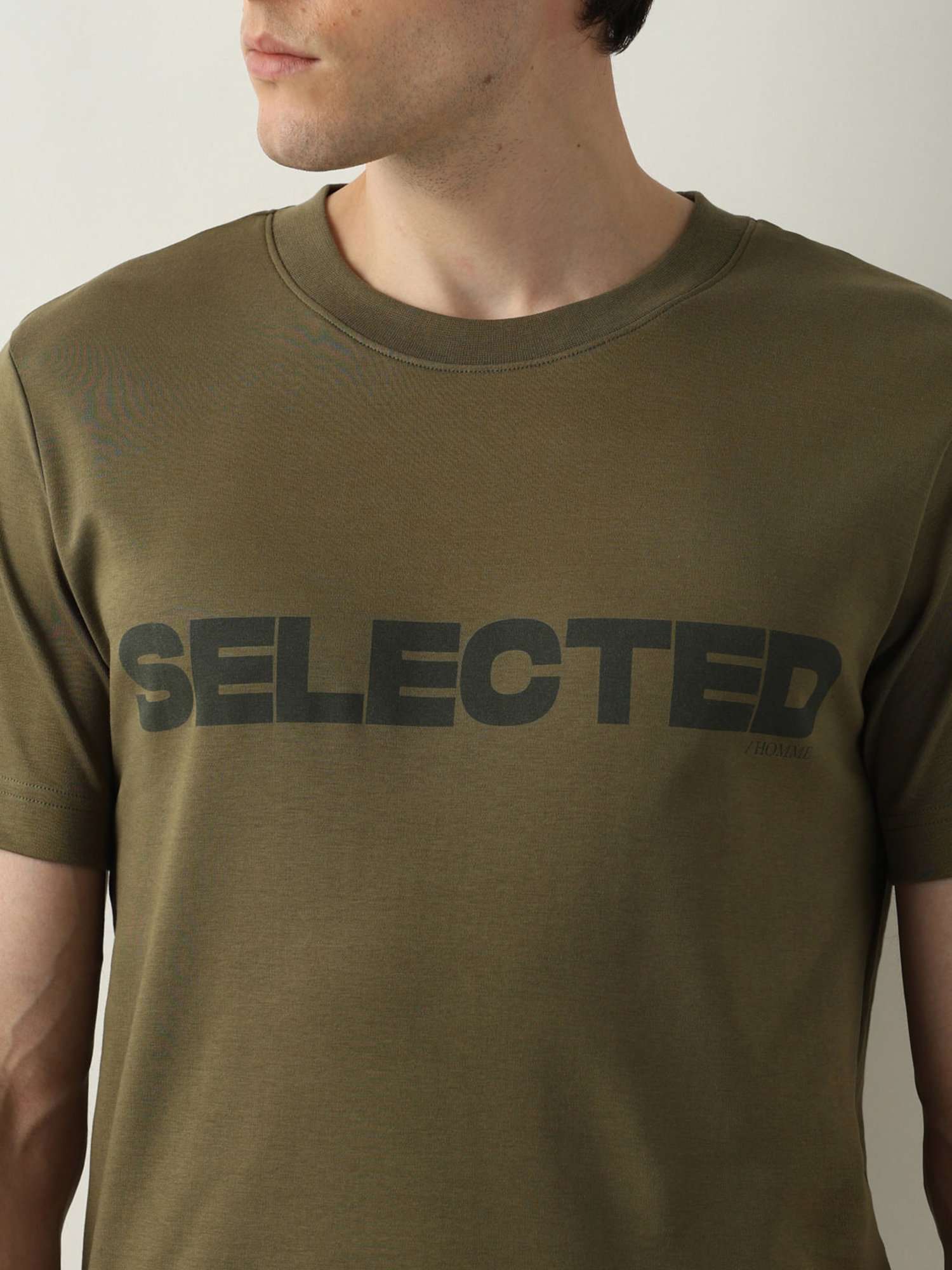 SELECTED HOMME Burnt Olive Slim Fit Logo Print Cotton Crew T-Shirt